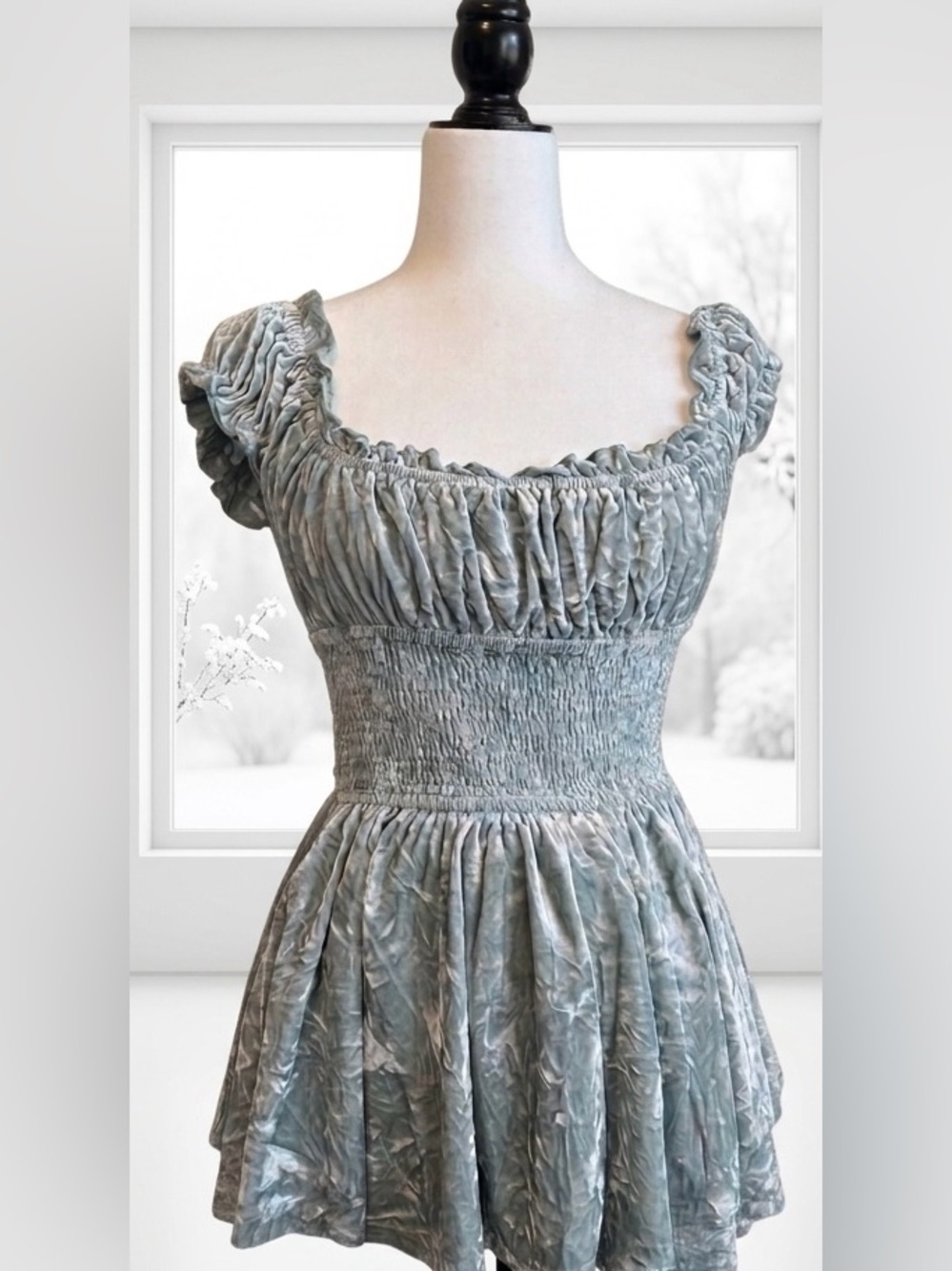 Urban Outfitters Rosie Velvet Smocked Romper Dress - Sage Mint Green